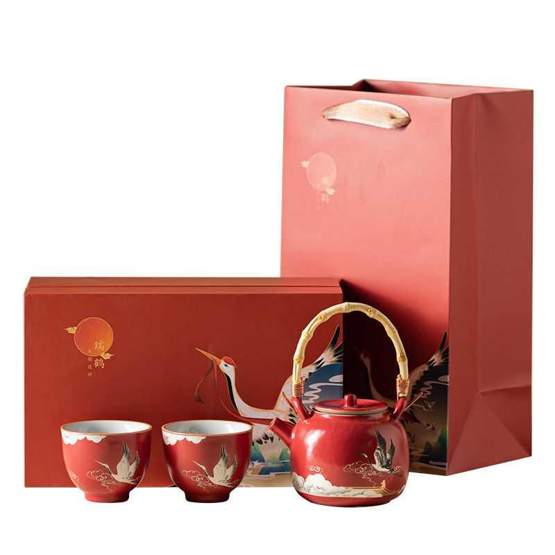 Bộ ấm chén trà đỏ Khải Hoàn Môn, một ấm hai chén, có tay cầm, quà lưu niệm văn hóa sáng tạo dành tặng bạn bè