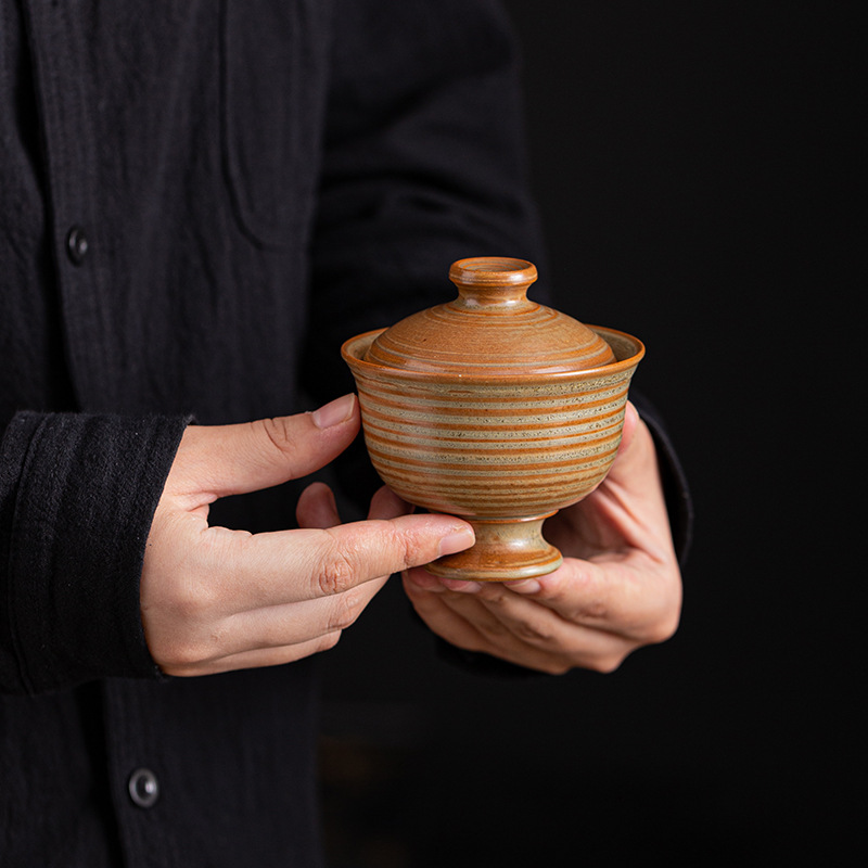 Bát đựng trà bằng đất đá cũ tráng men hai nắp phong cách Trung Quốc cổ điển gốm thô cũ bằng đất sét đá cũ hộp quà bộ trà kungfu gia dụng