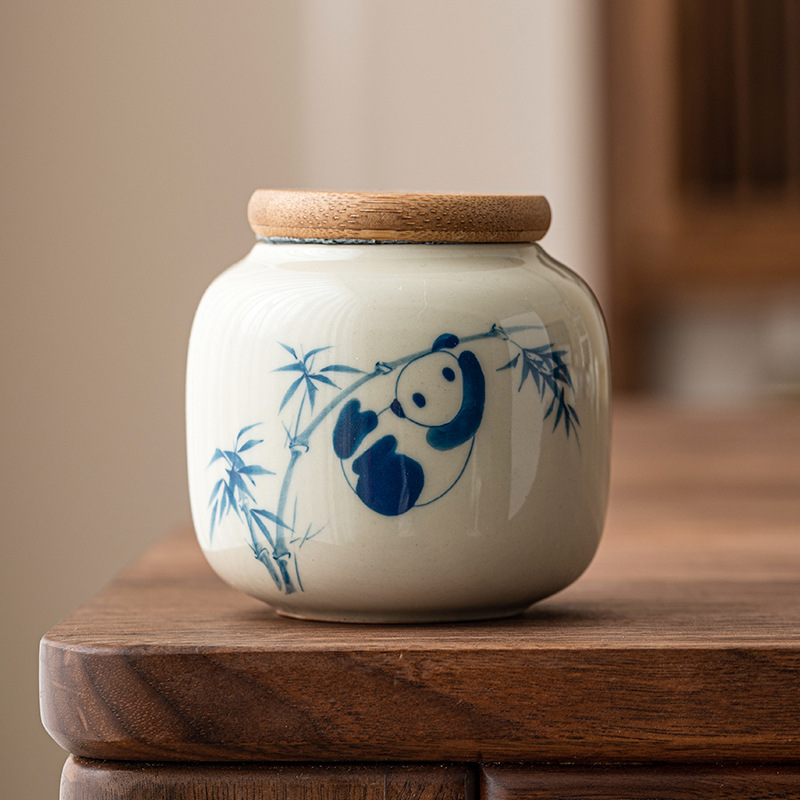 Chậu trà gấu trúc vẽ tay, bình đựng đồ mini chống ẩm sáng tạo cỡ nhỏ cầm tay tinh tế cao cấp gốm sứ