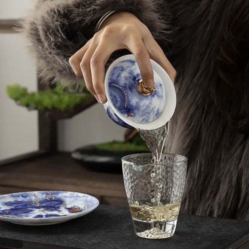 Huang Xudong màu phấn vẽ tay màu xanh sapphire họa tiết rồng phủ bát handmade gốm trà trà phủ bát quà tặng lưu niệm