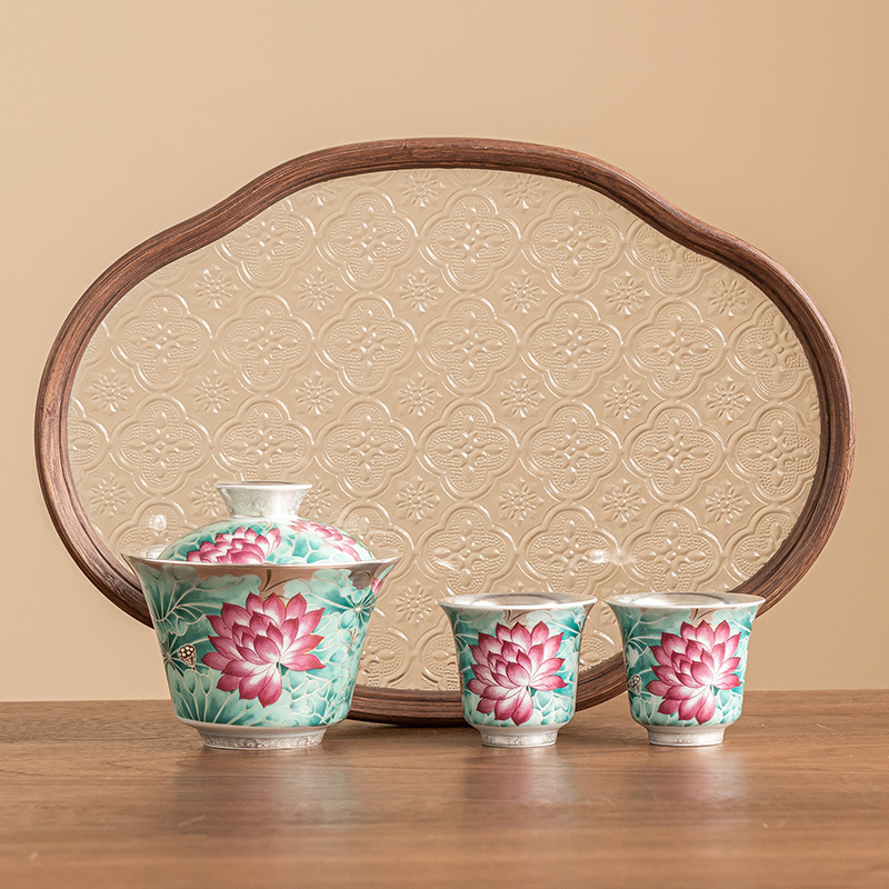 Bộ ấm chén trà Kung Fu gốm sứ cao cấp mạ vàng 999, họa tiết ao sen ánh trăng, 1 chén 2 tách, quà tặng