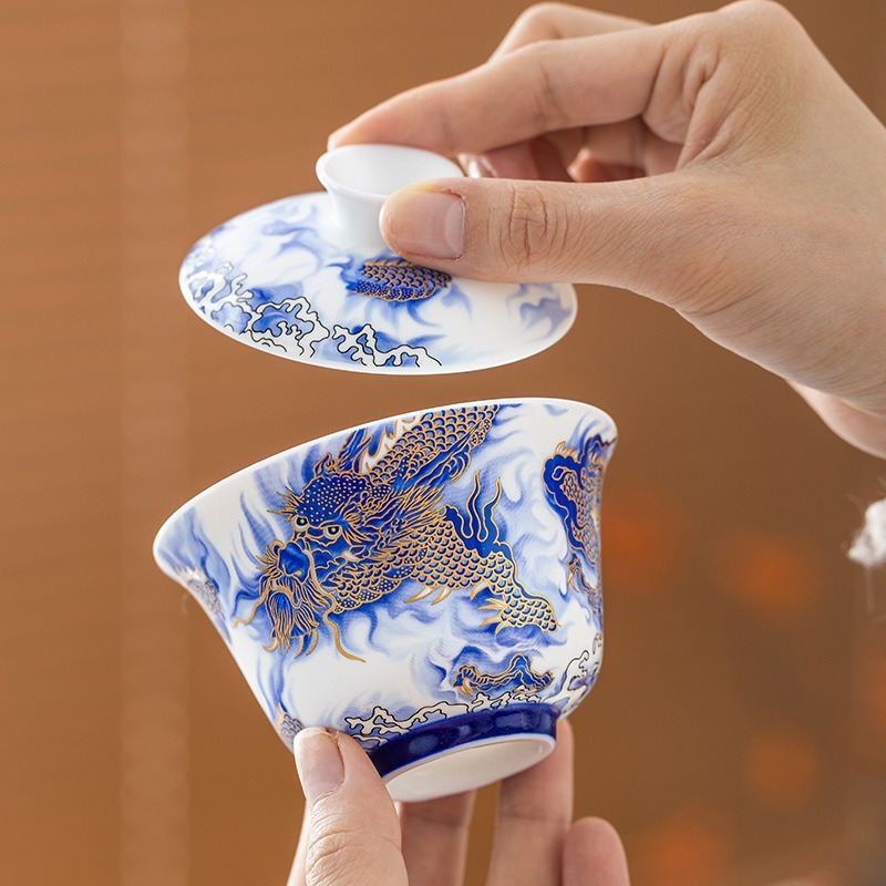 Bộ ấm chén trà Kung Fu Longteng Shengshi Dingyao gốm sứ tráng men, hộp quà tặng, quà lưu niệm doanh nghiệp