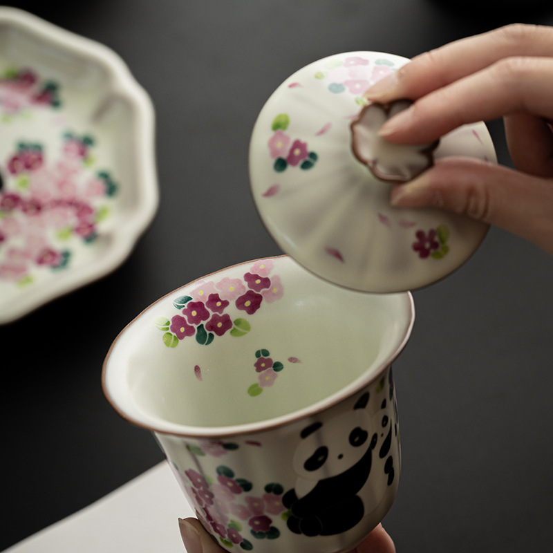 Bát có nắp ba gấu trúc Ru lò cổ, bát pha trà gia dụng không nóng, bộ trà Kung Fu chuyên dụng cho nữ, bát trà gốm sứ