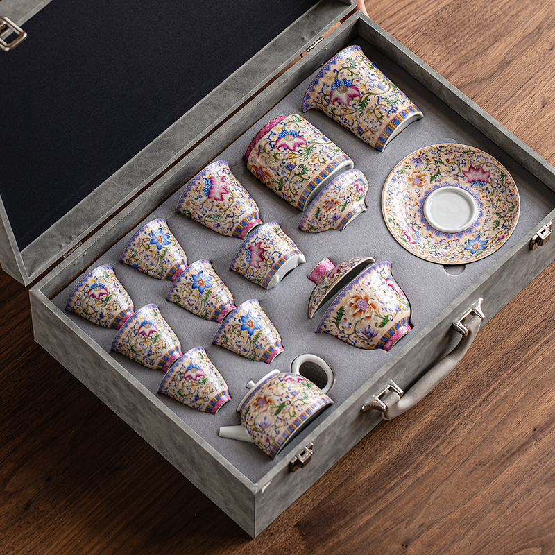 Bộ trà Kung Fu tráng men, quà tân gia, bộ trà gốm sứ Trung Quốc, bộ quà tặng, hộp quà cao cấp sang trọng nhẹ