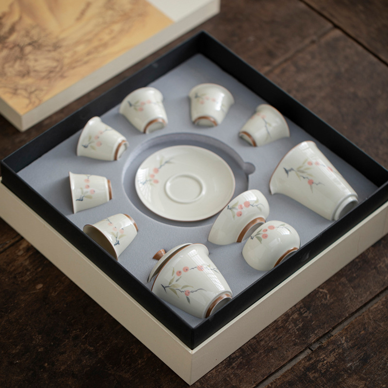 Màu xám thực vật, màu hồng vẽ tay, màu hồng, mơ mộng, vần điệu tuyệt vời, cốc trà, bộ trà, bộ trà 10 đầu, hộp quà, bộ trà gia dụng, quà tặng