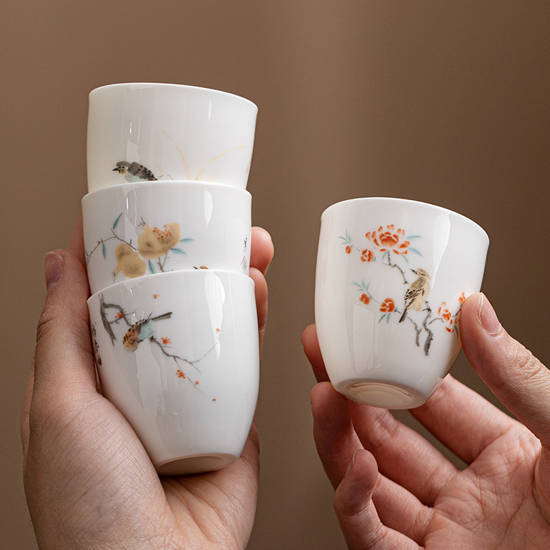 Cốc Trà Ngọc Bích, hoa và chim, cốc chủ nhân, cốc trà gốm sứ kiểu Trung Quốc, bộ dụng cụ trà Kung Fu, cốc trà sứ trắng