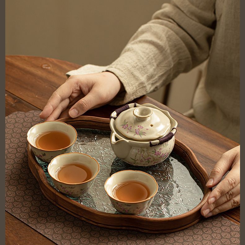 Ấm cầm tay Ru Kiln màu be, bát có nắp cỡ lớn, chén trà, khay trà, bát pha trà chống bỏng, bộ trà Kung Fu cao cấp mở lát