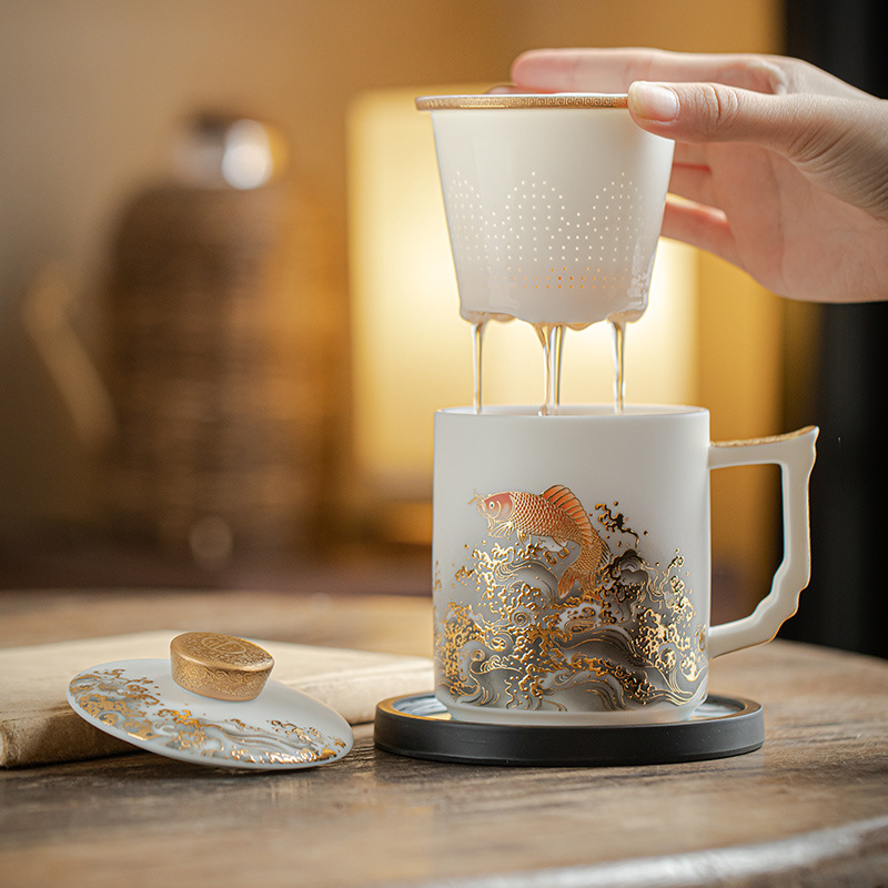 Cốc sứ ngọc bích mỡ cừu cốc pha trà gốm sứ tách trà cốc nước cao cấp kinh doanh hộp quà có logo