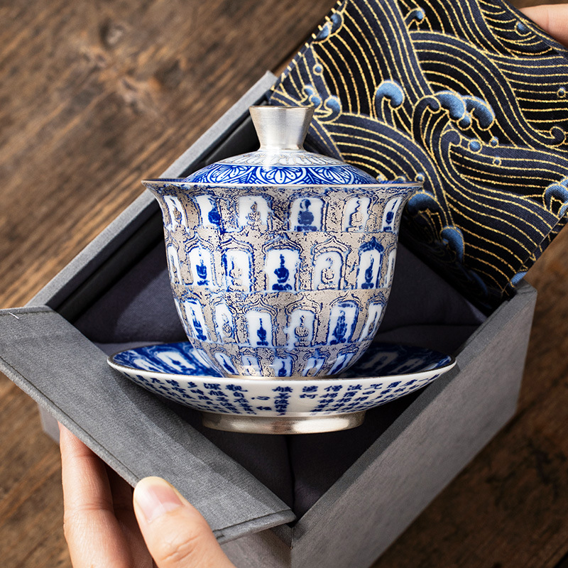 He Fusen mạ bạc màu xanh và trắng Đôn Hoàng Ngàn Phật Ba Tài năng Bát để tặng quà sinh nhật cho nam và nữ lãnh đạo lớn tuổi