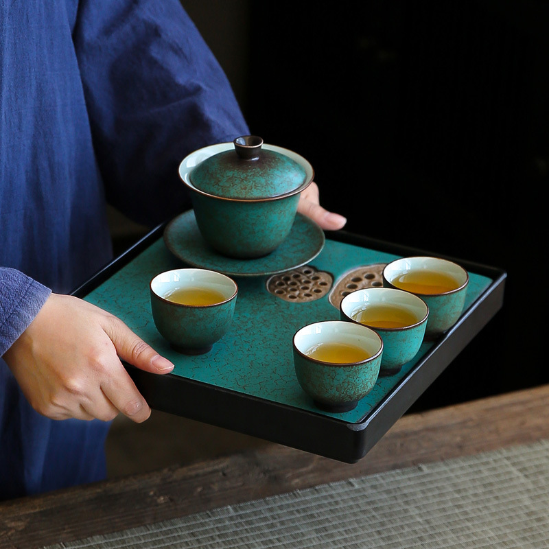 Khay trà gốm sứ Chunlan kiểu Nhật lò biến hình retro nhỏ màu xanh ngọc lam trữ nước kiểu trữ nước khay pha khô Khay trà bàn trà