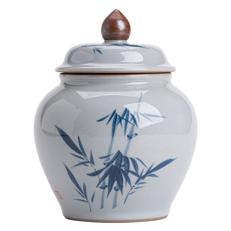 Bình đựng trà trắng xanh vẽ tay tráng men, bình đựng trà gốm sứ chống ẩm kín, dụng cụ đựng trà Kung Fu gia dụng, Bình Đựng Trà