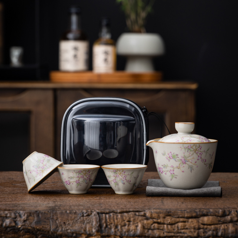 Bộ ấm trà du lịch di động lò Ru màu be cốc khách nhanh một ấm ba cốc ấm trà ngoài trời ấm trà in logo