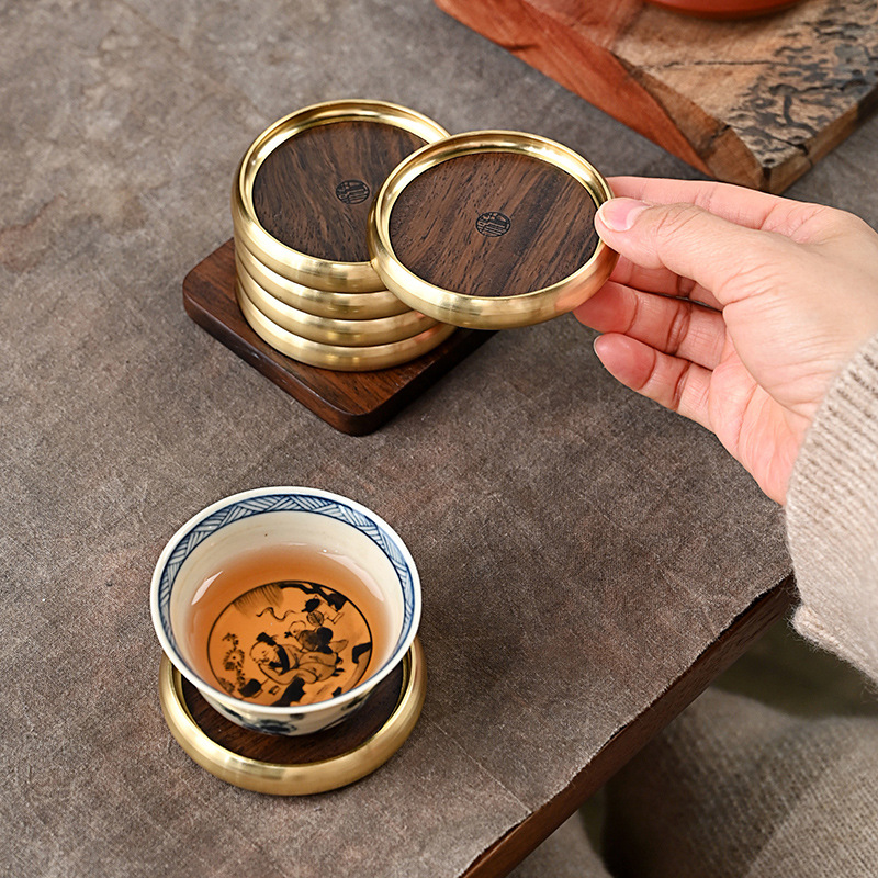 Bộ lót ly bằng đồng gỗ nguyên khối, bộ đựng ly lê, Phụ Kiện Bộ trà, lót ly gia dụng bằng gỗ Đàn hương đen, lót cách nhiệt chống bỏng