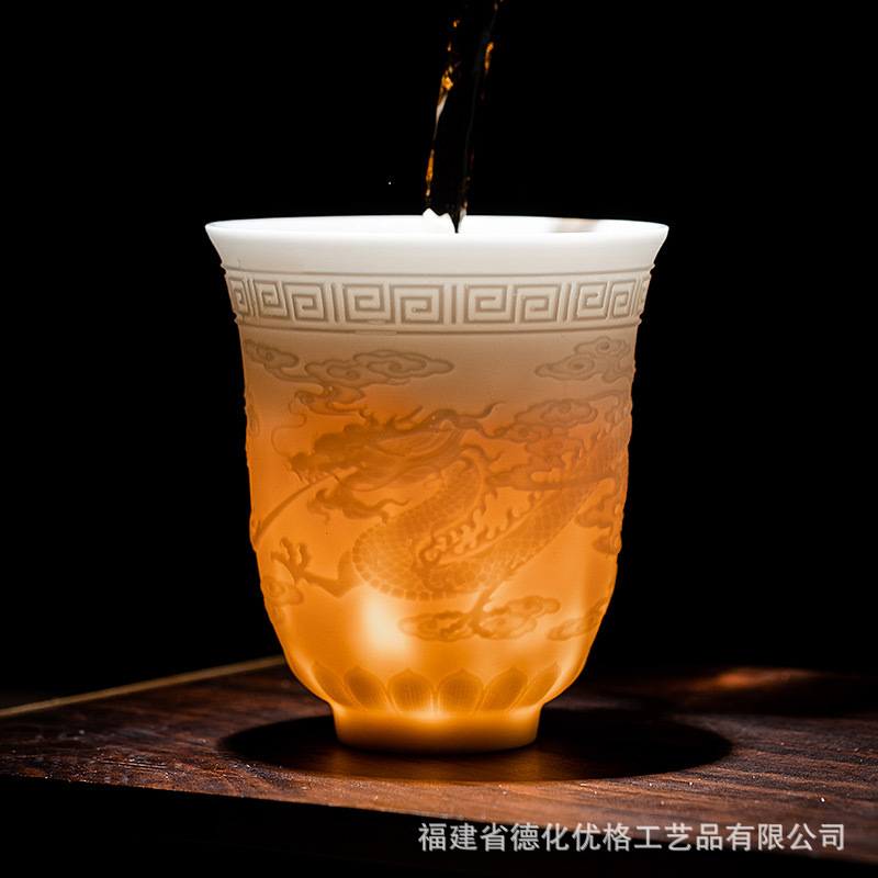 Cốc trà Kung Fu ngọc bích mỡ cừu trắng Trung Quốc Bộ trà gốm sứ chuyên dụng cá nhân cốc chủ nhân Tâm Kinh khắc nổi đơn tách trà