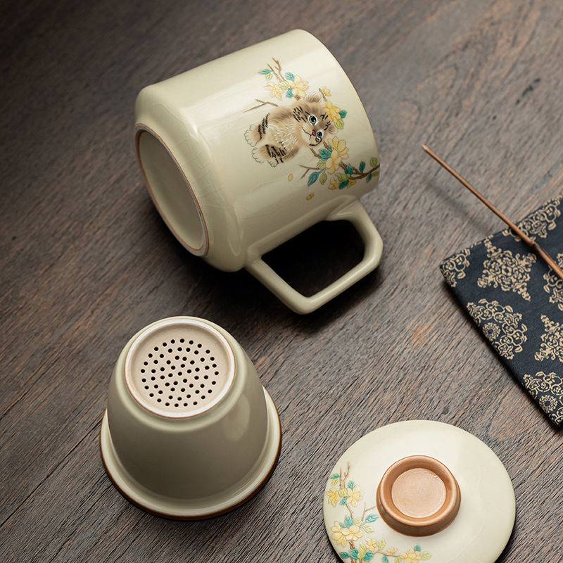 Cốc văn phòng cho mèo dễ thương ở Ruyao, bộ trà có thể nuôi bằng gốm sứ, cốc pha trà lọc, cốc nước, cốc cá nhân gia dụng, cốc có nắp