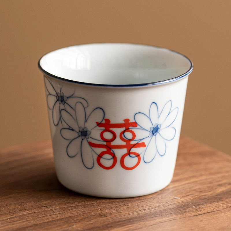 Cốc chủ nhân gốm sứ kiểu Trung Quốc mới, cốc ống thẳng hạnh phúc nhân đôi hoa cúc vẽ tay, cốc trà dung tích lớn, cốc trà, cốc trà ngon