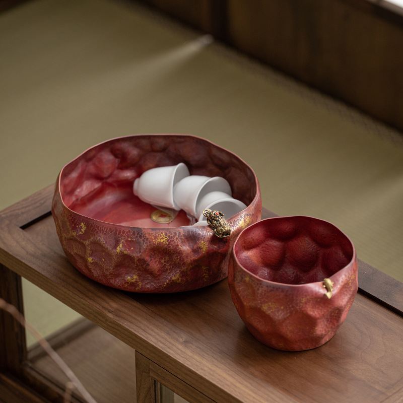 Chậu rửa trà bằng đồng lớn dùng trong gia đình, xô đựng cặn trà cao cấp, dụng cụ rửa chén và chứa nước, bình đựng nước trà phong cách cổ điển Trung Quốc.