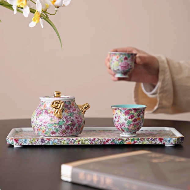 Hoa nở Cảnh Đức Trấn Men Ấm Trà Bộ Trà Gốm Cao Cấp Ánh Sáng Sang Trọng Ấm Trà Hộp Quà Tặng