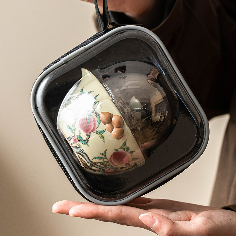 Bộ ấm trà du lịch Ruyao Pastel Nine Peach, cốc khách di động ngoài trời, một ấm ba cốc, ấm trà gốm sứ