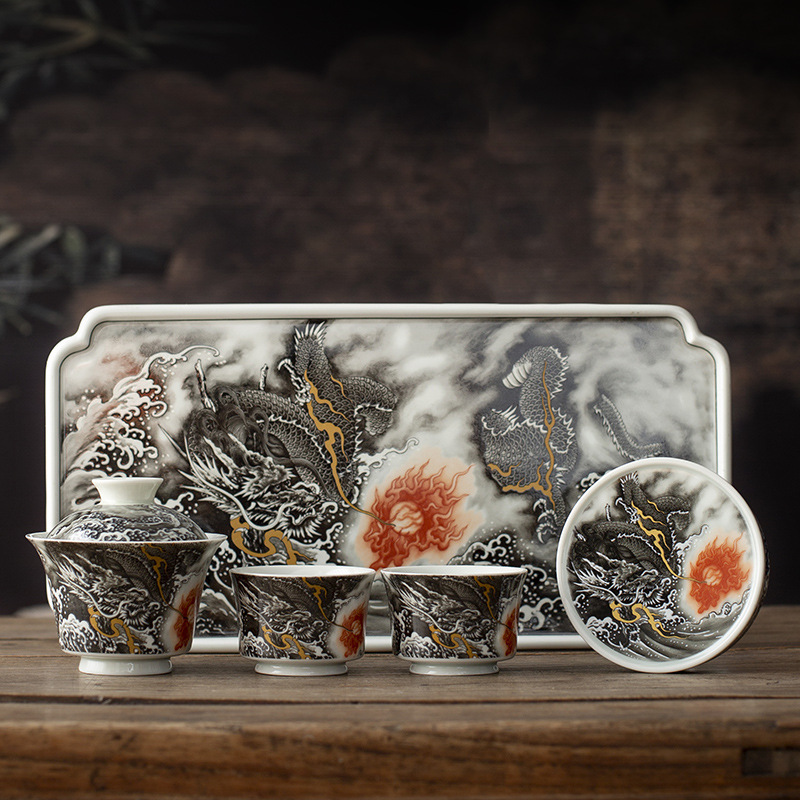 Jingdezhen Ink Color Xianglong Ercai Bát cốc trà gốm sứ Bộ trà Bát pha trà hoa văn rồng cao cấp Bộ trà Kung Fu