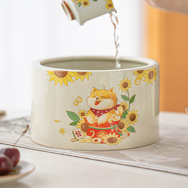 Chậu rửa trà gốm sứ cổ điển, chậu trà hình tròn, bồn đựng bã trà cỡ lớn gia dụng, bồn nước thải, phụ kiện trà đạo tinh tế