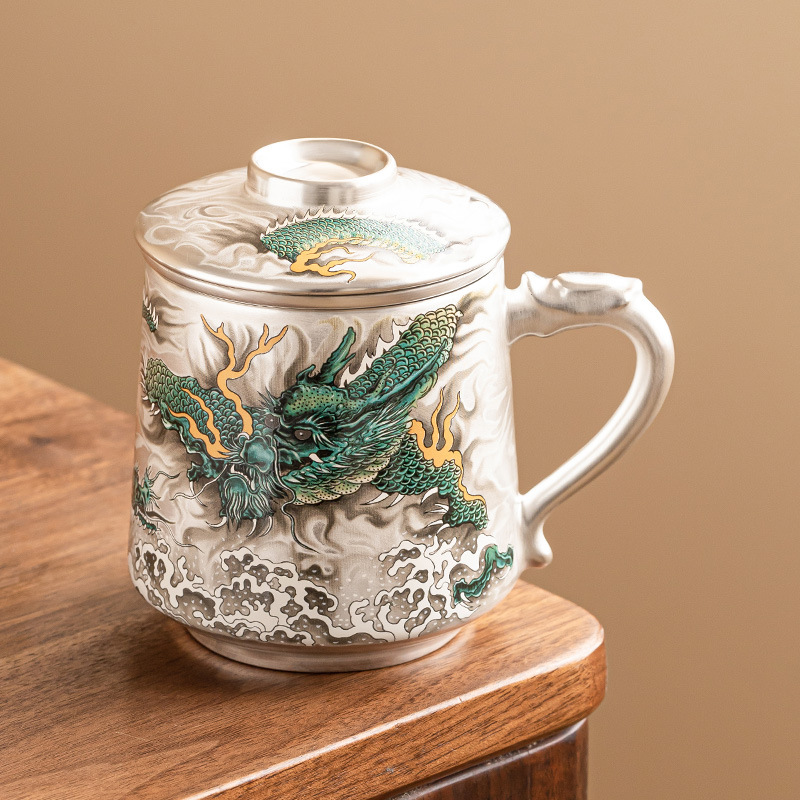 Cốc văn phòng Longteng Four Seas mạ bạc 999 cốc mug sang trọng nhẹ cao cấp có nắp tách trà tách trà cốc đơn