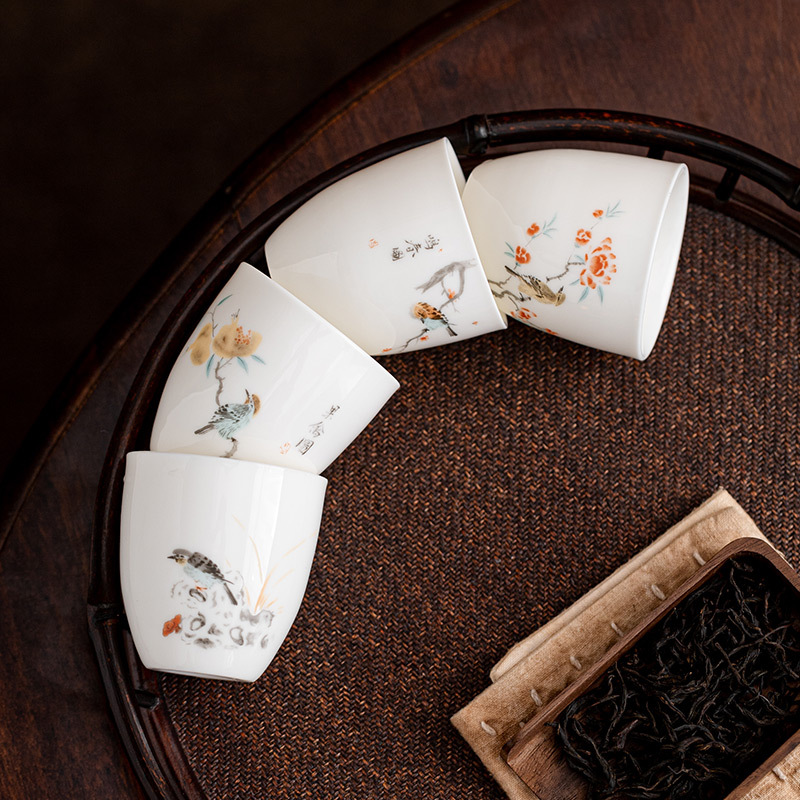 Cốc Trà Ngọc Bích, hoa và chim, cốc chủ nhân, cốc trà gốm sứ kiểu Trung Quốc, bộ dụng cụ trà Kung Fu, cốc trà sứ trắng