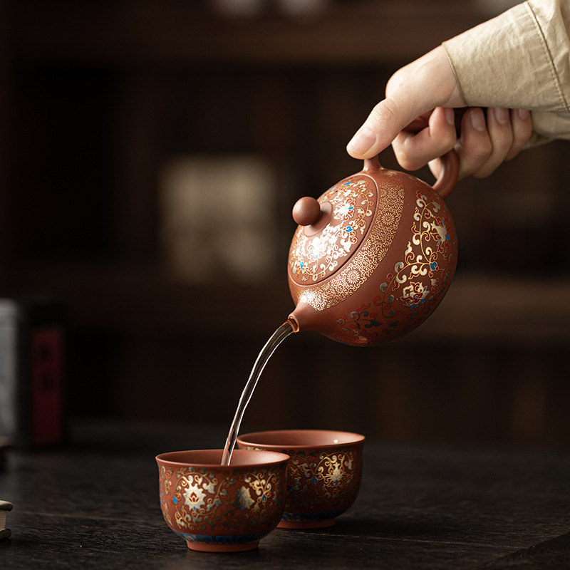 Bộ một bình cát tím hoa sen bọc bộ hai cốc bộ ấm tay cầm kiểu Trung Quốc bộ trà đơn giản pha trà tặng người lớn tuổi