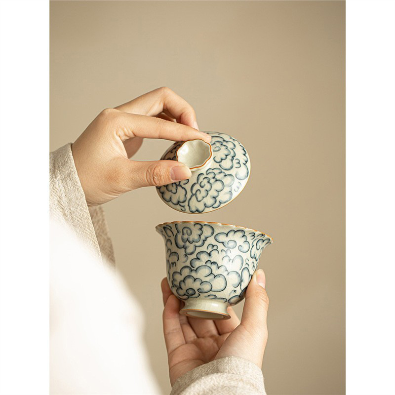 Lò Ru màu vàng vàng Xiangyun Ercai Bát có nắp Bộ trà Kung Fu gia dụng bằng gốm sứ đơn để pha trà và mở bát trà sứ Ru