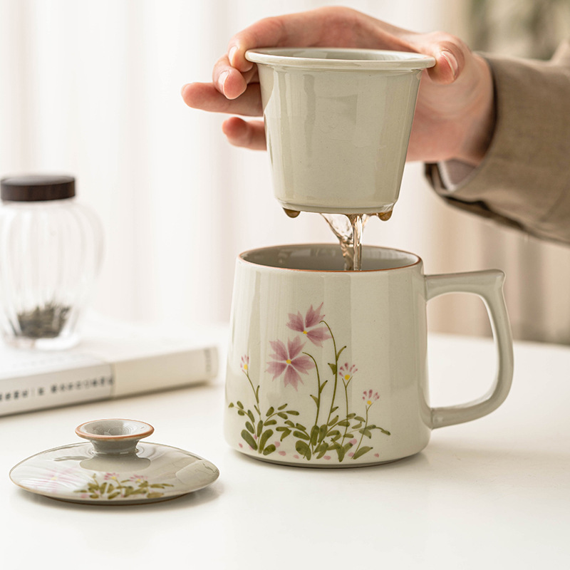 Vẽ tay hoa cúc nhỏ tách trà nước tách trà Bộ trà gốm sứ có nắp Cốc văn phòng LOGO công ty