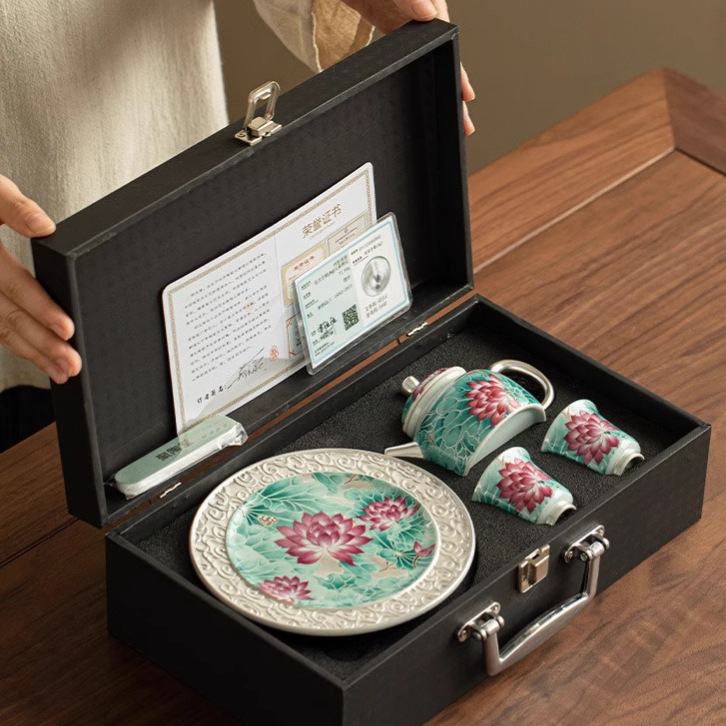 Ấm trà gốm sứ hồ sen một ấm hai tách bộ ấm trà Kung Fu bộ ấm trà hộp quà ấm pha trà