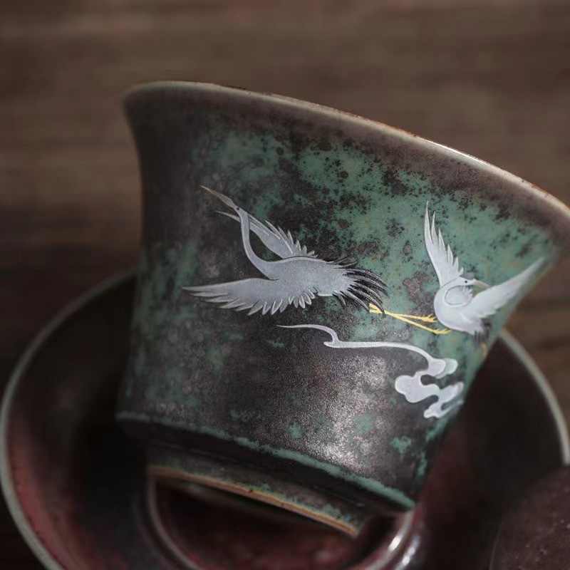 Bát có nắp tam tài gốm sứ đổi màu kiểu Nhật Bộ trà Kung Fu dụng cụ pha trà gia dụng Bát trà lớn hình hạc sáng tạo