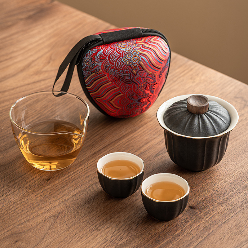 Bộ dụng cụ pha trà Du Lịch Có Nắp đậy bằng tay Bộ dụng cụ pha trà ngoài trời di động một bình Hai cốc gốm sứ LOGO cốc khách nhanh