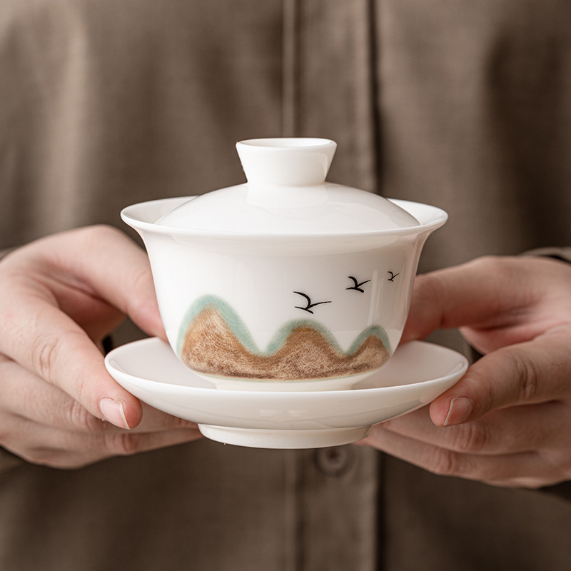 Bát có nắp tam tài Ngọc Dương Đức Hoa Bát pha trà gia dụng cao cấp có nắp Bộ pha trà Kung Fu chống bỏng gốm sứ Bát trà