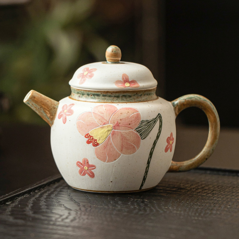 Ấm trà hoa chuông chạm khắc màu hồng ấm trà gốm sứ bộ trà Kung Fu kiểu Trung Quốc ấm trà nhỏ gia dụng lọc trà tinh tế ấm đơn