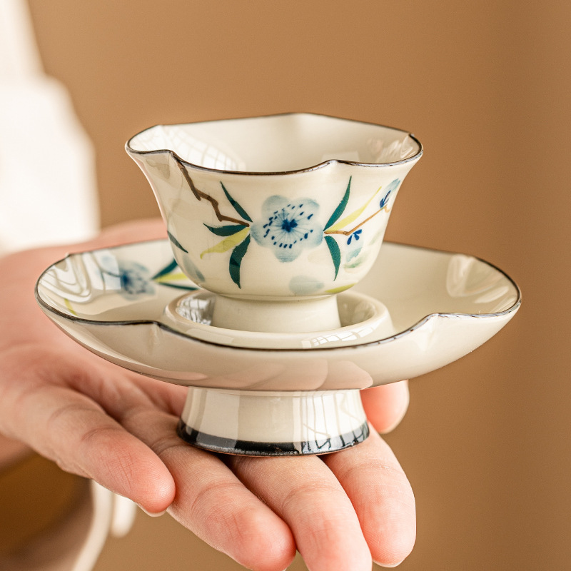 Bộ cốc và đĩa chân cao hoa đào vẽ tay cốc chủ nhân gốm sứ tinh xảo cao cấp cốc trà chuyên dụng cá nhân cốc trà bộ trà