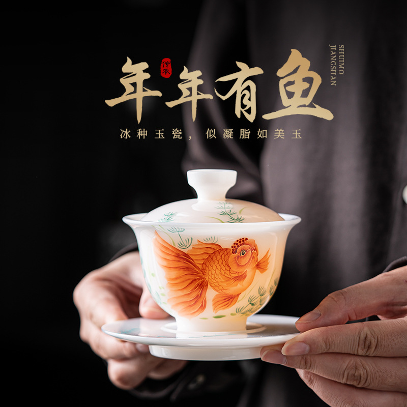 Bộ trà gaiwan ba món bằng sứ ngọc băng vẽ tay, bát trà kung fu đơn không nóng cao cấp.