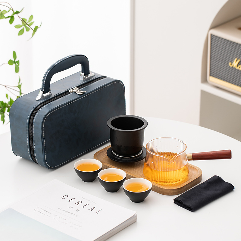 Bộ dụng cụ pha trà du lịch tay cầm bên Bộ pha trà cốc khách du lịch ngoài trời di động Gia dụng hộp quà đơn giản có khay