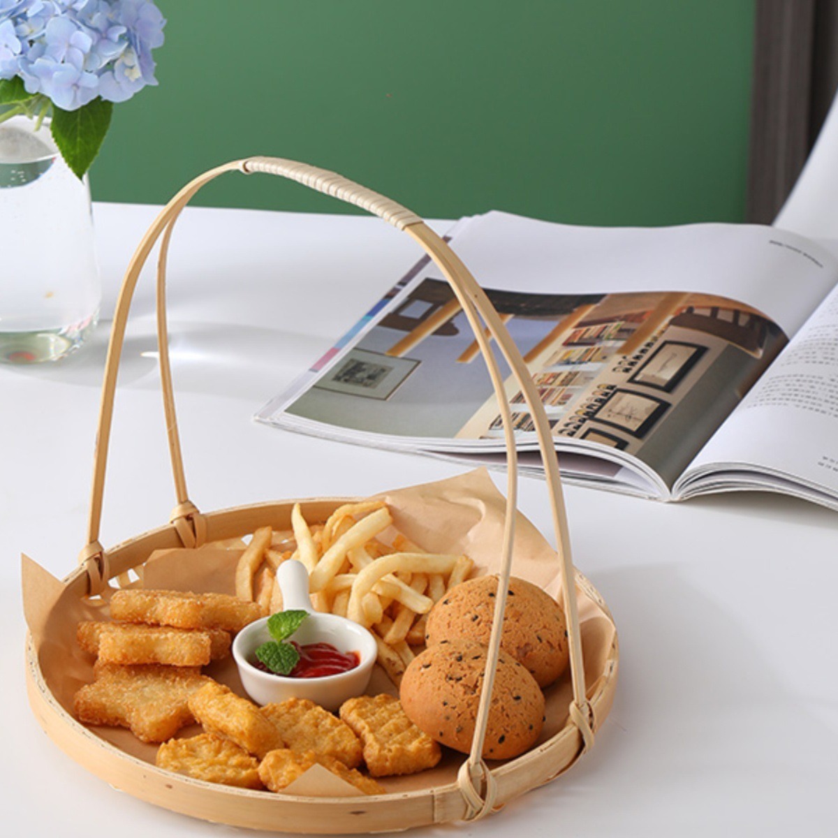 Snack, giỏ khoai tây chiên xanh, giỏ tre, giỏ ăn vặt kiểu Trung Quốc, khay đan bằng tre, đĩa chiên, giỏ trang trí trung thu, bán buôn