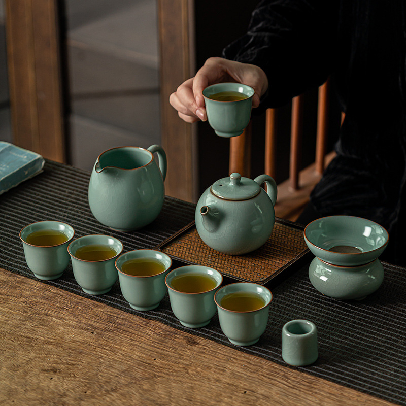 Bộ ấm trà Lò Ru Lò Dâm ấm trà gia dụng hộp quà tặng ấm trà cốc trà mở bộ ấm trà Kung Fu sứ Ru