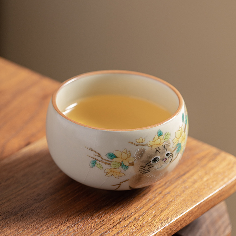 Cốc phong phú lò Ru màu vàng gạo giả thời Tống cốc trà gốm sứ cổ điển sang trọng nhẹ kiểu Trung Quốc cốc chủ nhân lớn cốc đơn có thể mở