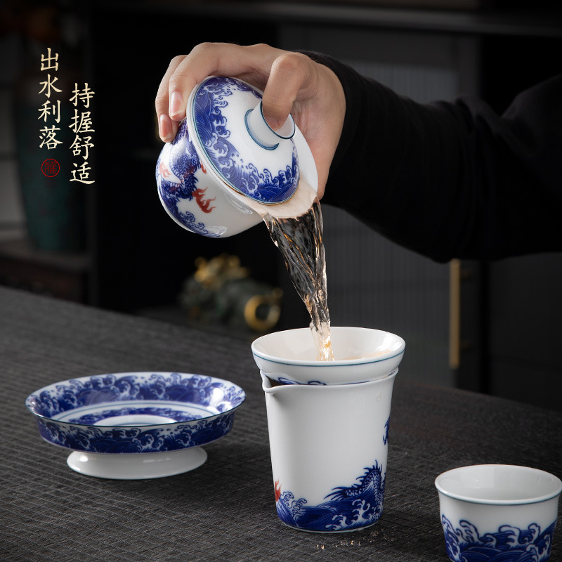 Guo Chao màu xanh và trắng sứ lớn bát có nắp ba tài cốc trà bộ trà Kung Fu gia dụng dụng cụ pha trà uống trà bát trà bán buôn