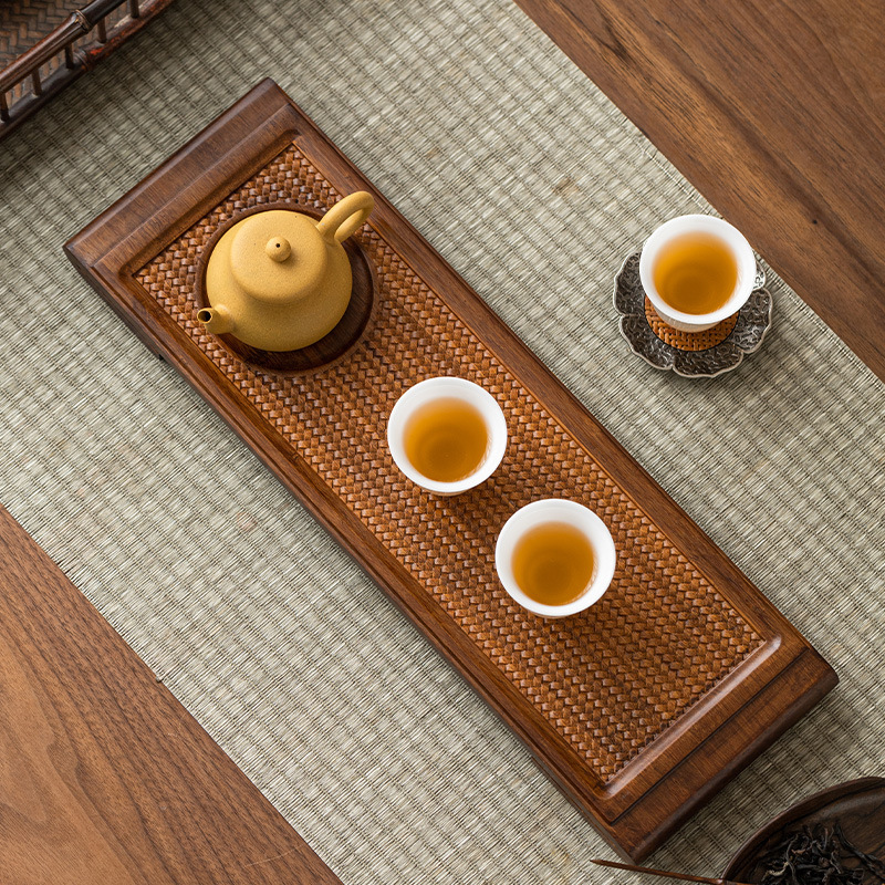 Khay trà nhỏ CuộN tre nặng kiểu Trung Quốc bàn trà Kung Fu hình chữ nhật chiếu tre hoa văn phụ kiện trà đạo pha khô