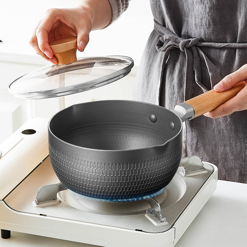 Nồi tuyết hợp kim nhôm nồi sữa nhỏ cán gỗ gia dụng nồi ăn dặm cho bé nồi chiên chống dính cỡ nhỏ sáng tạo nồi canh