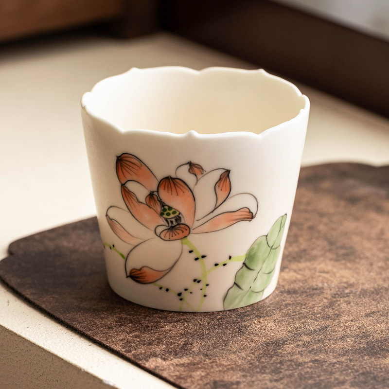 Cốc chủ nhân cao cấp, cốc miệng hoa sen ống xiên vẽ tay, cốc trà Kung Fu, cốc trà gia dụng gốm sứ cỡ lớn