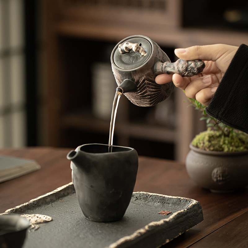 Bộ Khay làm bong bóng khô bằng không khí Wabaji Bộ dụng cụ trà Kung Fu đơn giản có tay cầm bên hông bằng gốm thô