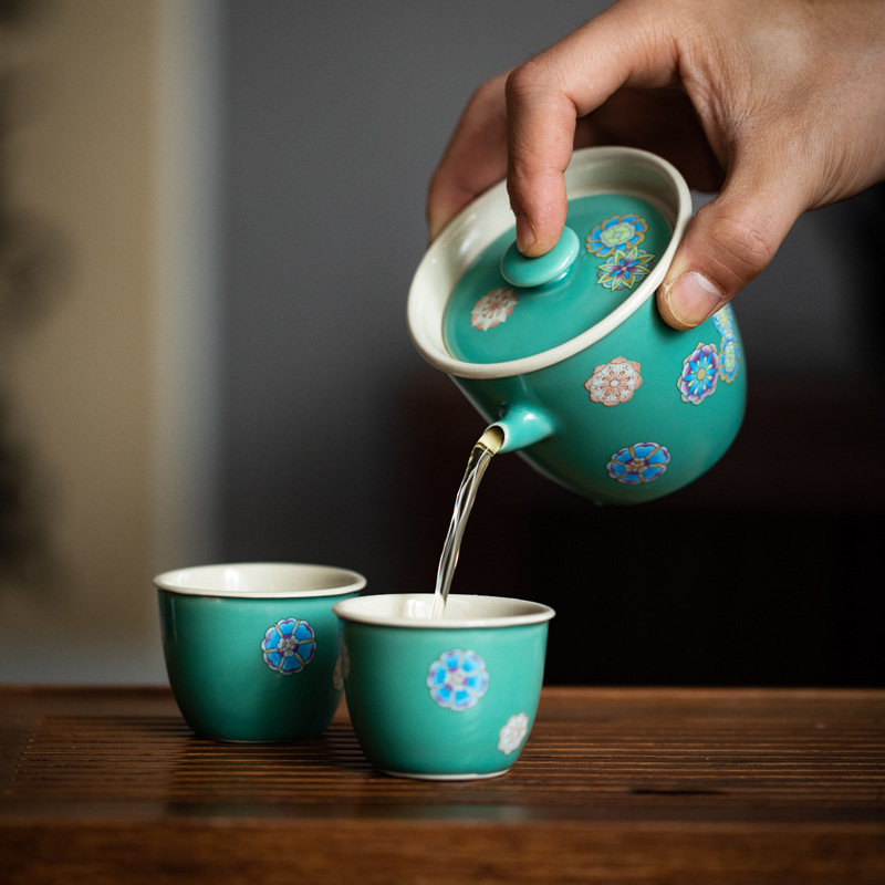 Bộ trà du lịch màu xanh ngọc lam kiểu Nhật Bộ trà Kung Fu một bình hai cốc gốm sứ bộ nhỏ dụng cụ pha trà cầm tay ngoài trời