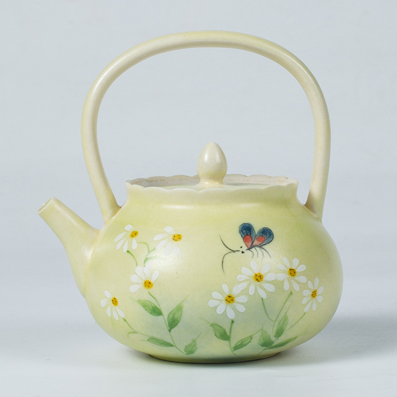Ấm trà vẽ tay, ấm trà hoa cúc tráng men màu, ấm đơn cổ điển, dụng cụ pha trà gốm sứ cao cấp gia dụng