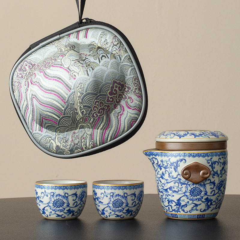 Bộ trà du lịch tráng men thủy triều văn hóa và sáng tạo Bộ trà pha trà một ấm ba tách Bộ quà tặng cắm trại xách tay