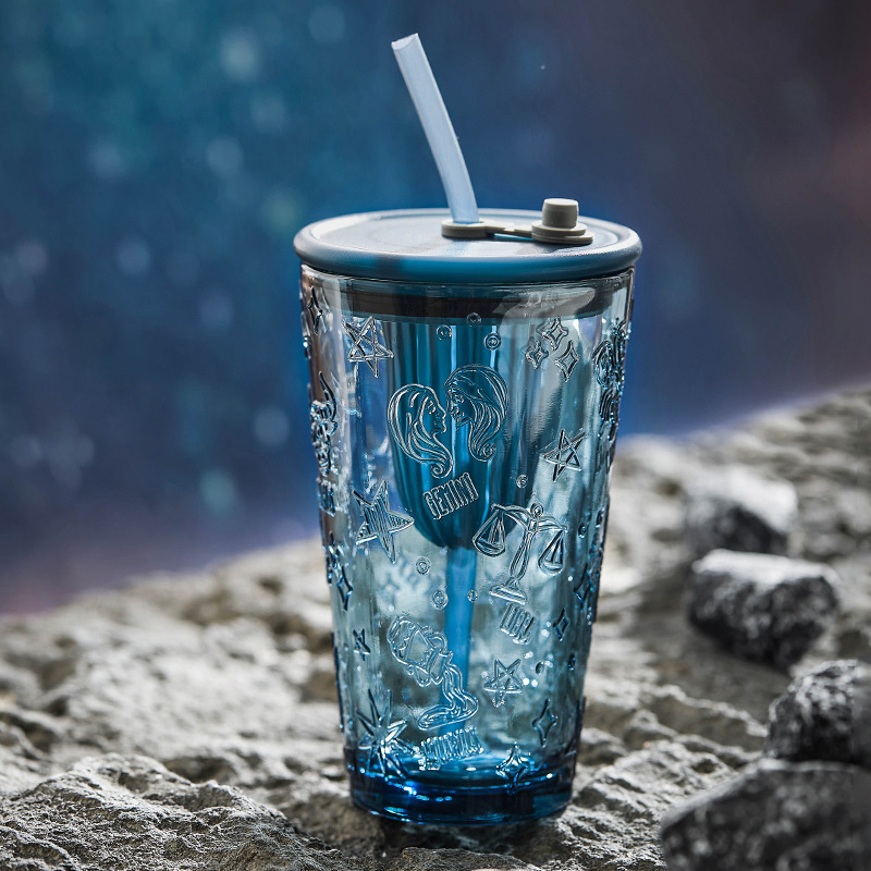 Cốc thủy tinh màu xanh mực có ống hút cốc nước trái cây cốc cà phê văn phòng gia dụng cốc nước nữ mẫu mới 2025 giá trị cao